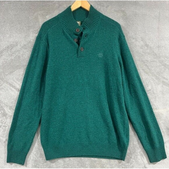 Timberland Mens L Henley Button Mock Neck Wool Blend Knit Green Sweater Pullover - Picture 1 of 7